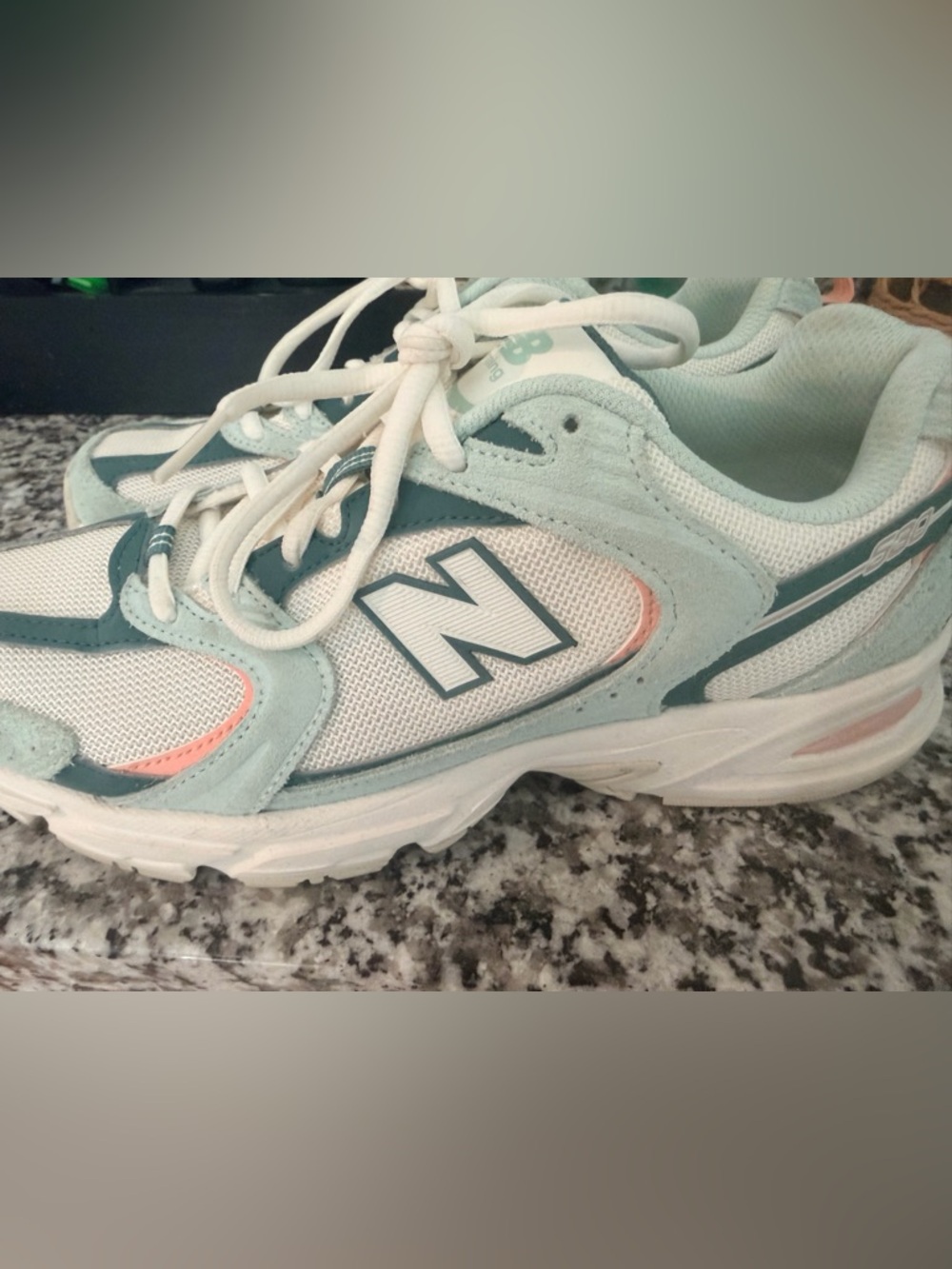 New Balance Mint/Teal & White Running Shoes with Coral Accent